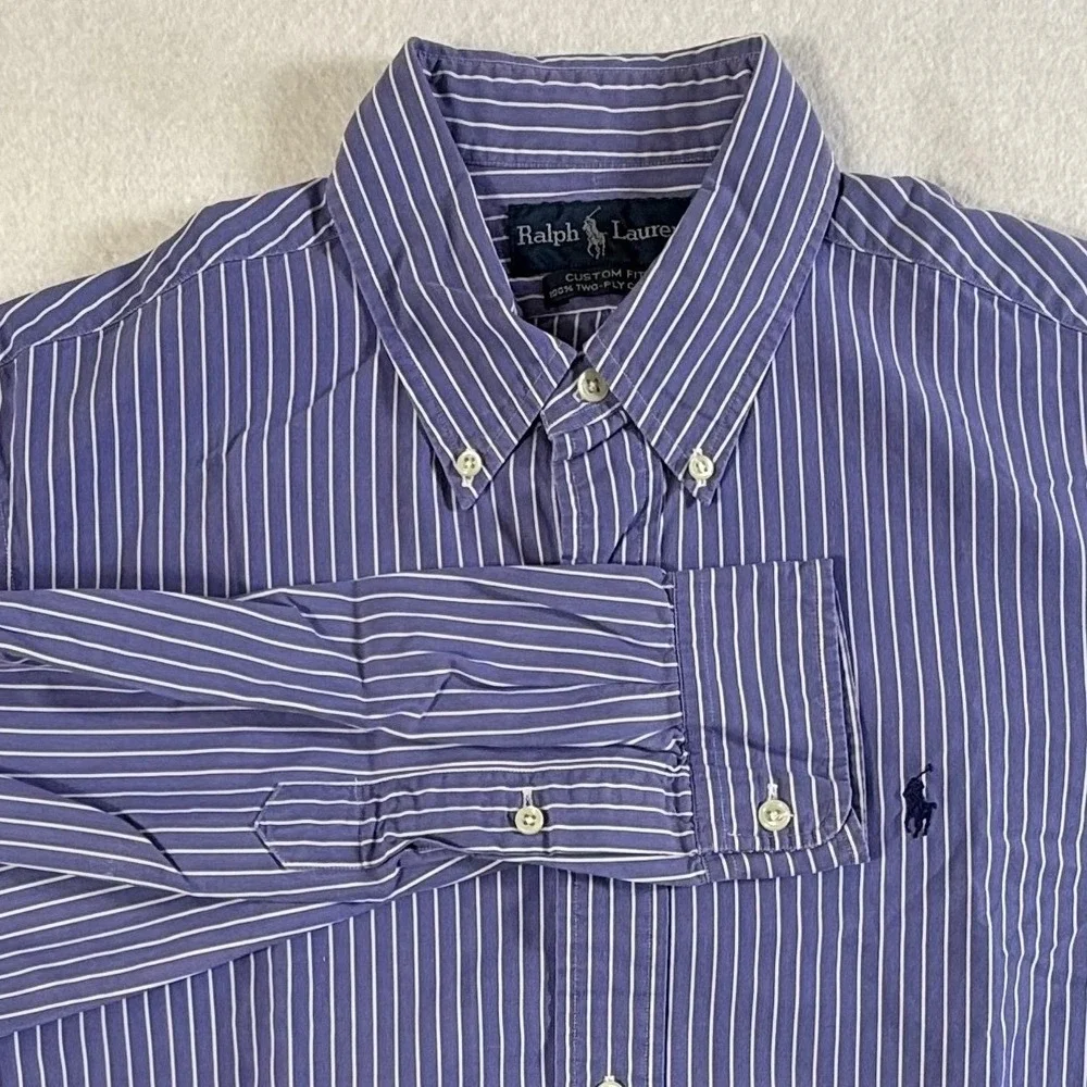 Ralph Lauren Button Down Shirt Mens Large Custom Fit Striped Blue Two Ply Cotton